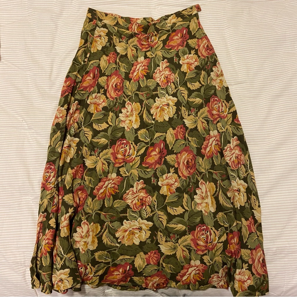 Olive Floral Maxi Skirt with Pink & Cream Blooms